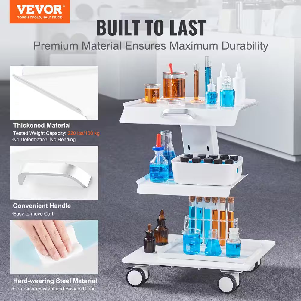 Kitchen Cart, Lab Trolley, 3-Layer Rolling Lab Cart, Metal Mobile Trolley Wheels, Tray Rolling for Lab, Clinic