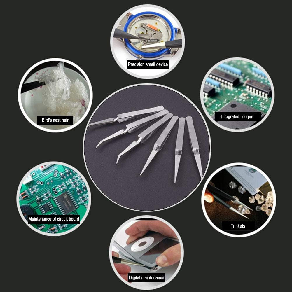 Precision Tweezers Set, 6 Pcs 2 Styles Stainless Steel Tweezers Repair Kit for Craft, Jewelry, Electronics, Laboratory Work