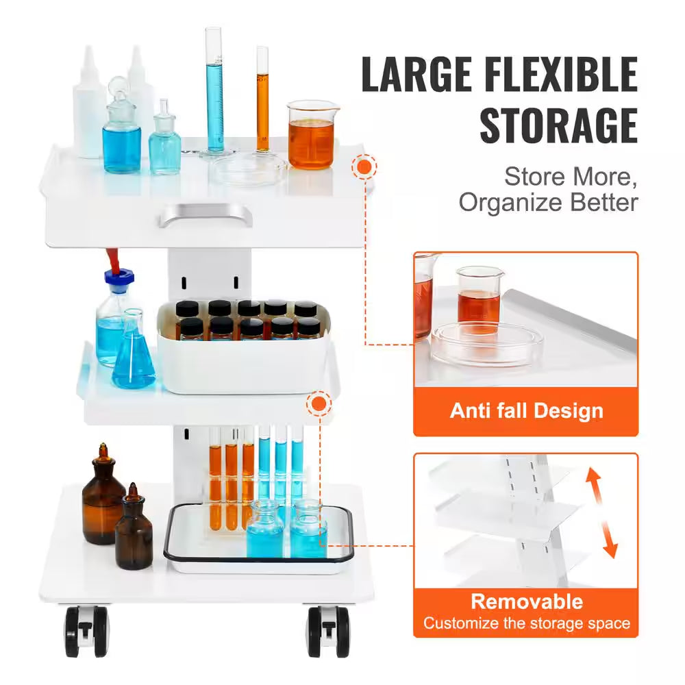 Kitchen Cart, Lab Trolley, 3-Layer Rolling Lab Cart, Metal Mobile Trolley Wheels, Tray Rolling for Lab, Clinic