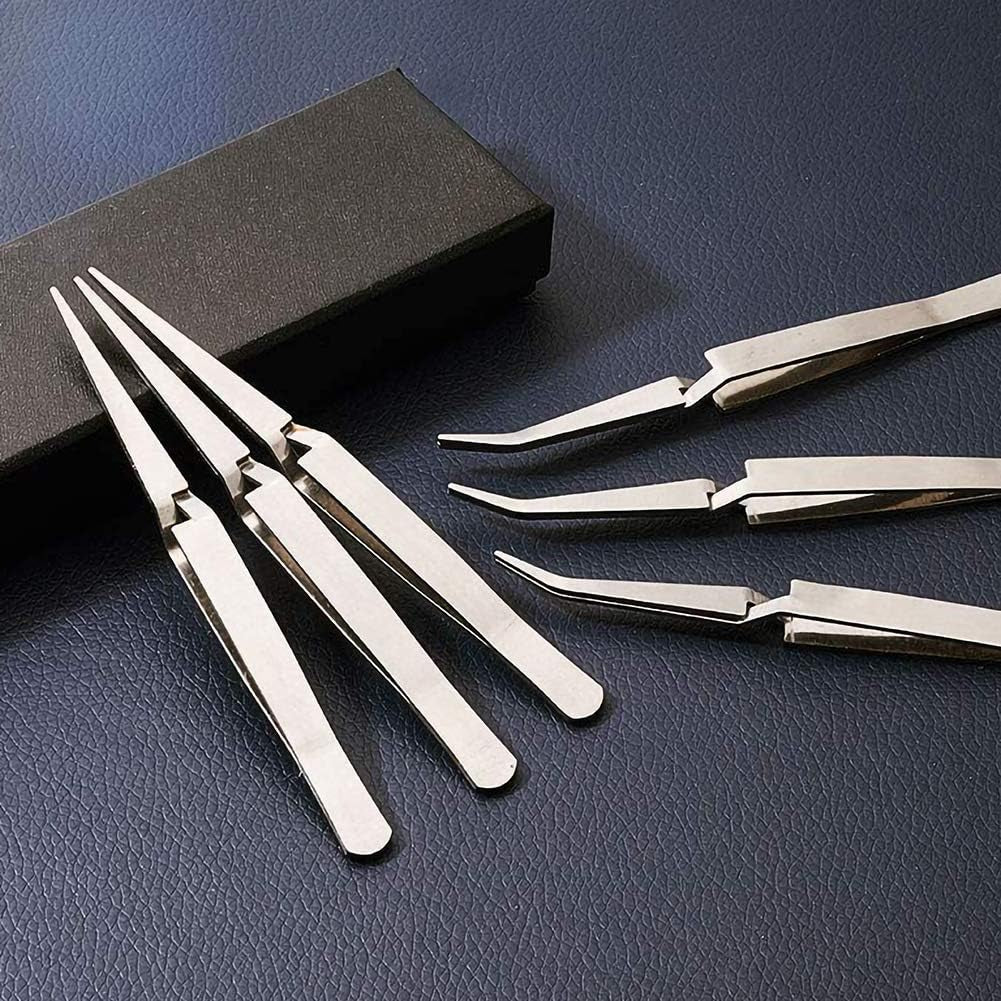 Precision Tweezers Set, 6 Pcs 2 Styles Stainless Steel Tweezers Repair Kit for Craft, Jewelry, Electronics, Laboratory Work