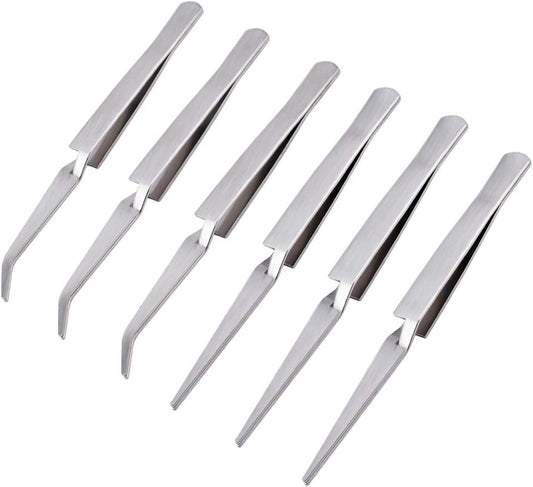 Precision Tweezers Set, 6 Pcs 2 Styles Stainless Steel Tweezers Repair Kit for Craft, Jewelry, Electronics, Laboratory Work